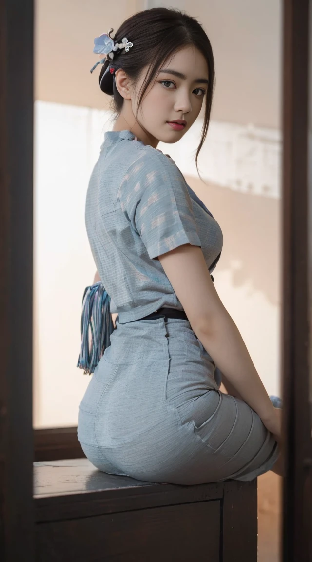 (dark shot:1.4), 80mm, (dark shot:1.4), masterpiece, best quality, game_cg, in summer, girl, solo, medium hair, white hair, looking at viewer, brown eyes, gigantic breasts nearly exposed, perfect booty, 80mm, epic realistic, painting of a geisha with european features entering a japanese pine forest, by range murata, a big red sun in the background, stunning, matted, paul gauguin, van gogh, art by greg rutkowski and artgerm, soft cinematic light, adobe lightroom, photolab, hdr, intricate, highly detailed, (depth of field:1.4), (dark shot:1.22), neutral colors, (hdr:1.4), (muted colors:1.4), (intricate), (artstation:1.2), hyperdetailed, dramatic, intricate details, (technicolor:0.9), (rutkowski:0.8), cinematic, detailed, soft light, sharp, exposure blend, medium shot, bokeh, (hdr:1.4), high contrast, (cinematic, teal and orange:0.85), (muted colors, dim colors, soothing tones:1.3), low saturation, (hyperdetailed:1.2), (noir:0.4), soft light, sharp, exposure blend, medium shot, bokeh, (hdr:1.4), high contrast, (cinematic, teal and orange:0.85), (muted colors, dim colors, soothing tones:1.3), low saturation, (hyperdetailed:1.2), (noir:0.4), (intricate details:1.12), hdr, (intricate details, hyperdetailed:1.15) emphasize right round ass