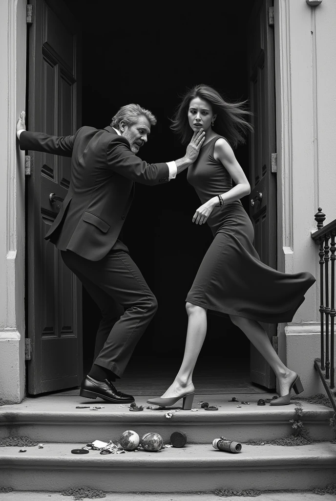 Man knocks woman&#39;s stuff off her feet as she leaves church on steps Black and white 