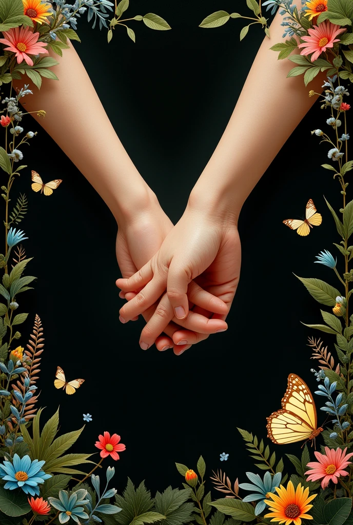 Book cover showing plants decorating the edges and the hands of a girl and a boy, united the black background with butterflies, photographic realism style
 
 