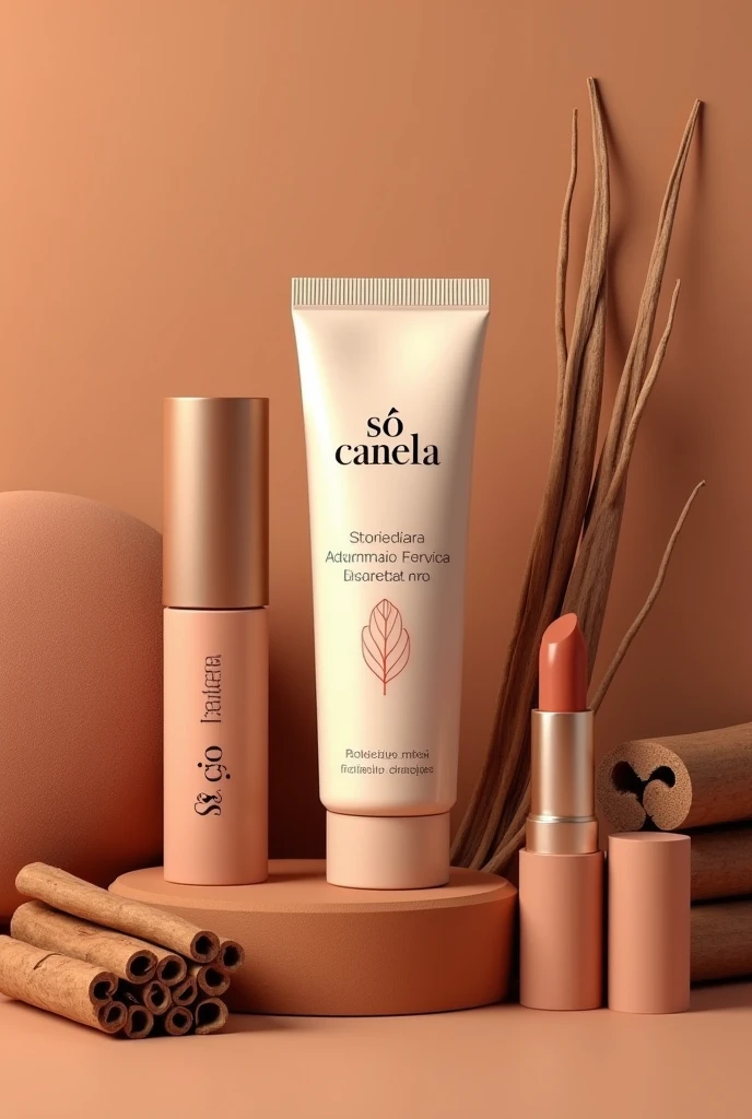 Create a primer packaging, Cinnamon-based blush and lipstick with the brand name Só Canela