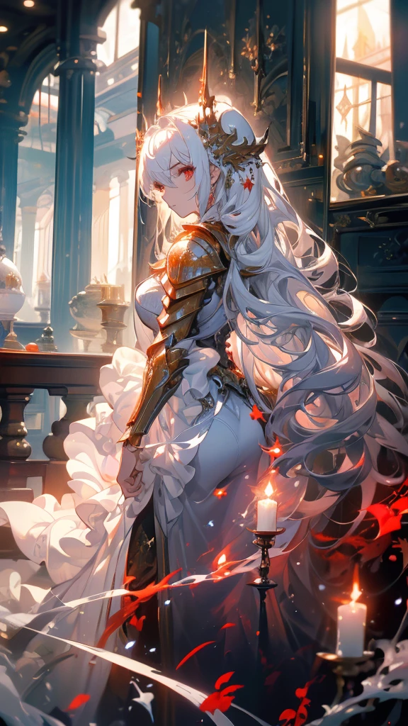 ((masterpiece, best quality)), Epic battlefield atmosphere，flame，Delicate face，Depicts a beautiful knight with long hair, Flowing white hair，whole body，Standing picture，Glittering red eyes，She was wearing white armor，Perfect body proportions