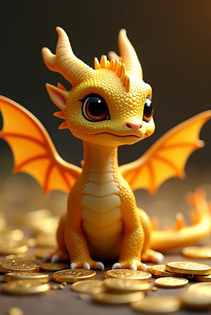 A golden dragon hatchling has a shrewd face adorned with flexible, whisker-like spines.. His horns come from his nose, passing through the eyebrows and two twin crests adorn its long neck. The wings of a golden dragon cub, similar to the sails of ships, start at their shoulders and continue to the tip of their tail, allowing it to fly with a distinct wavy motion, as if swimming in the air. A baby gold dragon has dark yellow scales with metallic flecks.. He stands in the middle of gold coins.