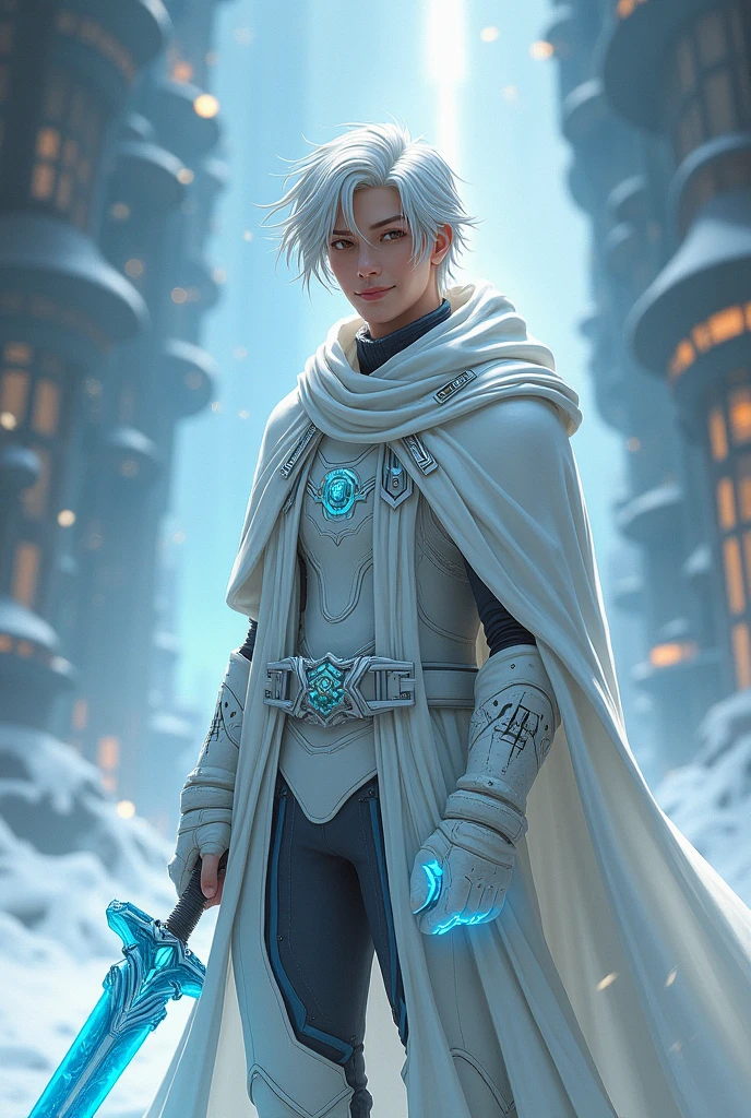 white hair,  young man, smiling, slightly long hair, white cloak, cuberpunk ice sword in hand, cuberpunk costume.