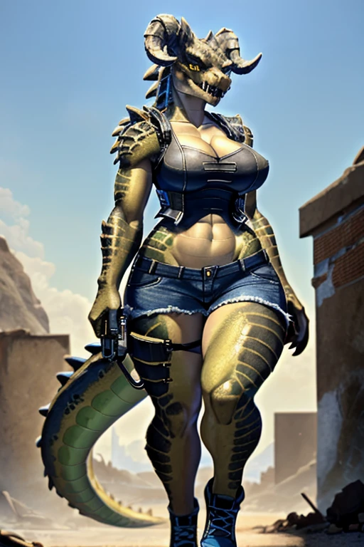 ((4k)), (best body), (sexy women), Solo, score_9,score_8_up,score_7_up, kemono style, Anthro deathclaw from fallout, Anthro reptile girl, snout, green scaled skin, gold eyes, black lips, black horns, black ram horns, athletic body, smiling, walking in a ruined city, holding a rusty gun, wearing bodyarmor, bulletproof vest, blue jean shorts and a blue tank top, sfw, intimidating woman, monstergirl, commission for high res, female dragonborn, well designed female dragon head, anthro lizard, female fursona,  