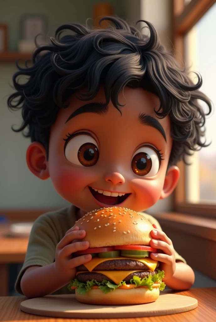 dark skinned boy with wavy black hair and brown eyes eating hamburger