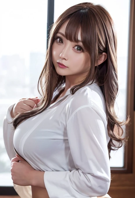 (best quality, 4K, 8k, highres, masterpiece:1.2), ultra-detailed, (realistic, photorealistic, photo-realistic:1.37), hyper detailed, extremely detailed, intricate details, sharp focus, physically-based rendering, professional, vivid colors, studio lighting、Japanese High  Girl、Natural Makeup、(Hair Color:Random)、middlehair、Inward curl、White shirt、Open shirt、sideboob、under boob