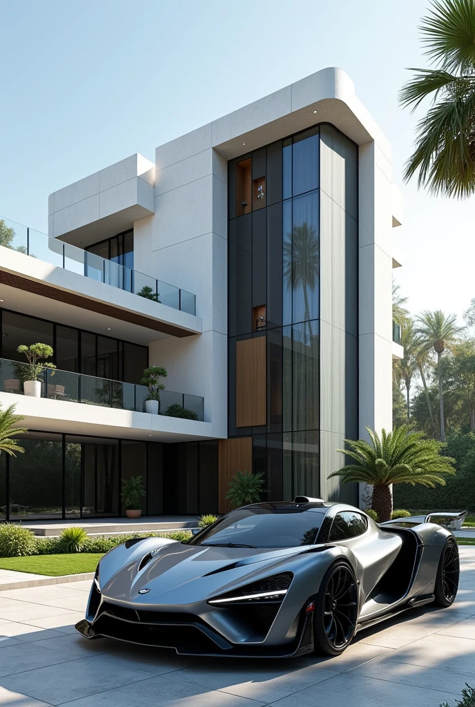Hypercar in front of futuristic mansion 