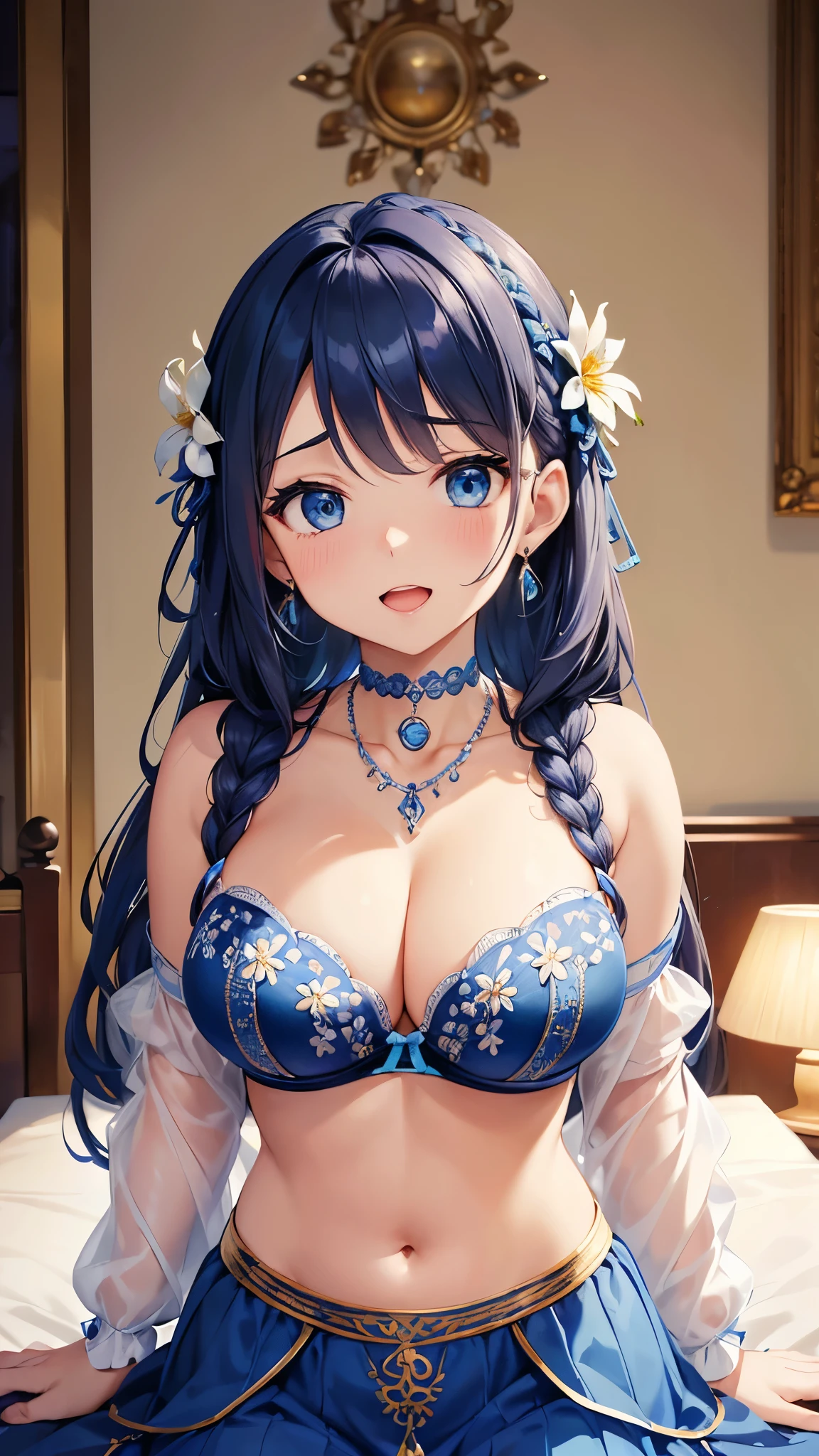 Highest quality、Highest quality、masterpiece、(8k resolution),beauty(Age 25)、(Mature Appearance)、Long Hair(Braiding of sides)、blue eyes、(Intricately embroidered underwear、bra)、Big cleavage、((Super big breasts))、Excited expression、blue necklace、Blue Earrings、background(flower)、Please open your mouth wide、Dynamic pose、Blue choker、
