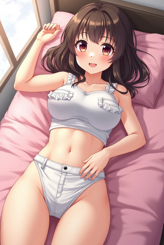 Female anime character lying on bed showing her pussy