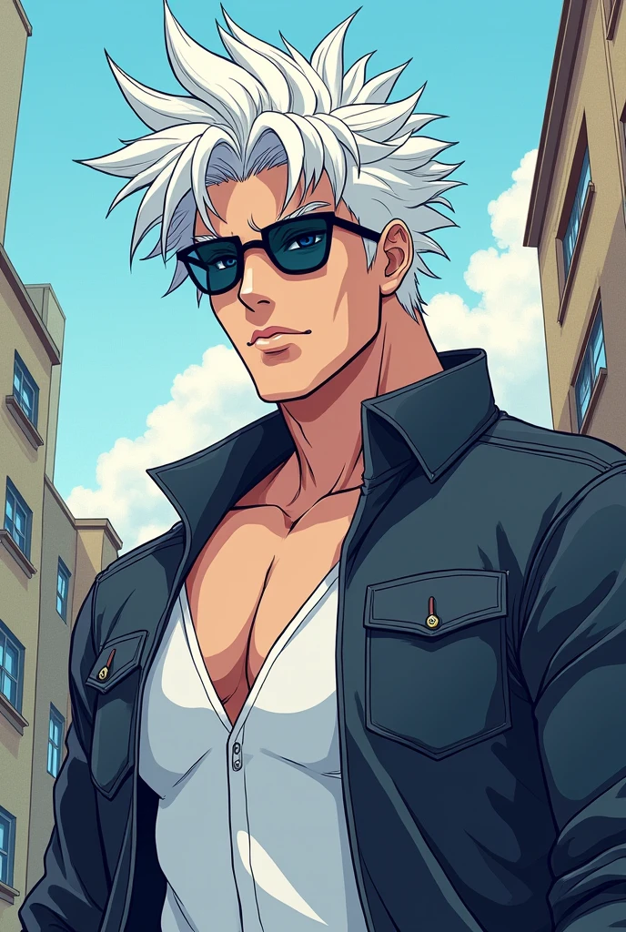 Manhwa art ,Satoru is a very tall, lean, and muscular man in his late twenties who is considered relatively attractive, mainly due to his facial features. He has snow-white hair and the Six Eyes, which are a vibrant blue color. which props up his hair and gives it a spikier appearance. Satoru wears sunglasses and lets his hair down to the base of his neck when sporting a casual look. He wears something to make him looks more slim