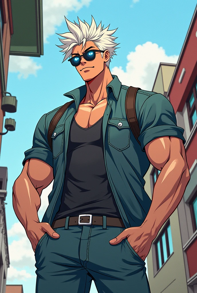 Manhwa art ,Satoru is a very tall, lean, and muscular man in his late twenties who is considered relatively attractive, mainly due to his facial features. He has snow-white hair and the Six Eyes, which are a vibrant blue color. which props up his hair and gives it a spikier appearance. Satoru wears sunglasses and lets his hair down to the base of his neck when sporting a casual look. He wears something to make him looks more slim
