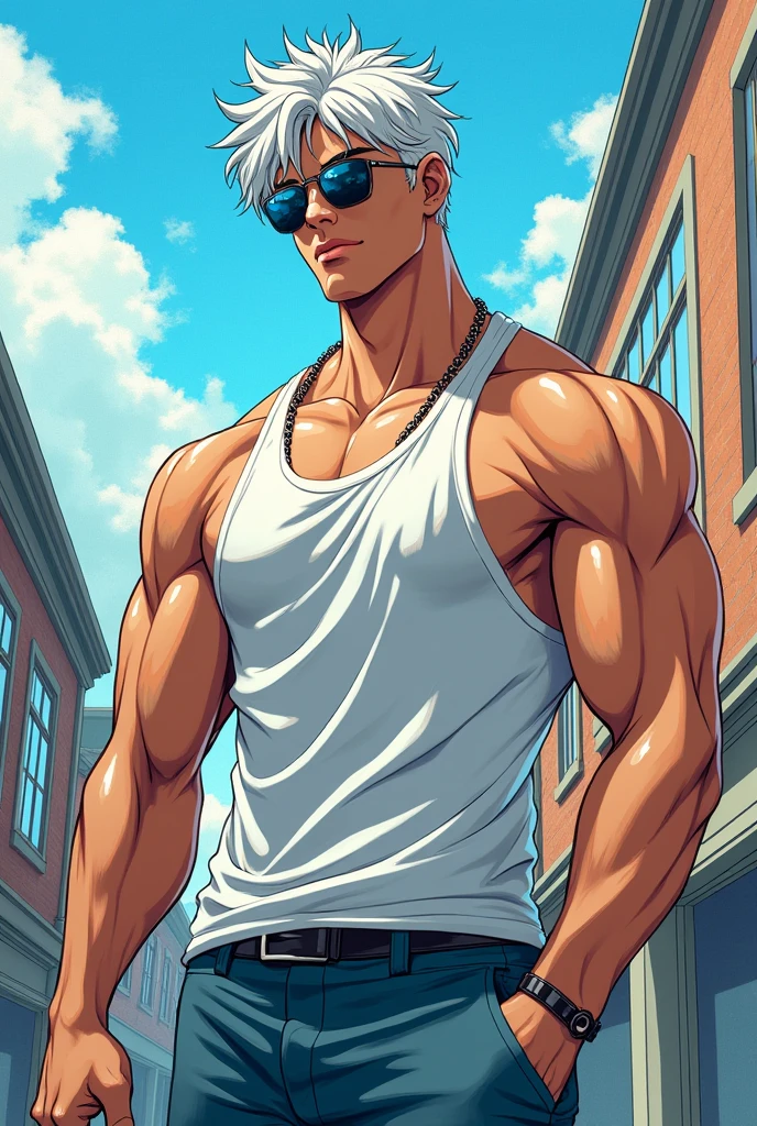 Manhwa art ,Satoru is a very tall, lean, and muscular man in his late twenties who is considered relatively attractive, mainly due to his facial features. He has snow-white hair and the Six Eyes, which are a vibrant blue color. which props up his hair and gives it a spikier appearance. Satoru wears sunglasses and lets his hair down to the base of his neck when sporting a casual look. He wears something to make him looks more slim