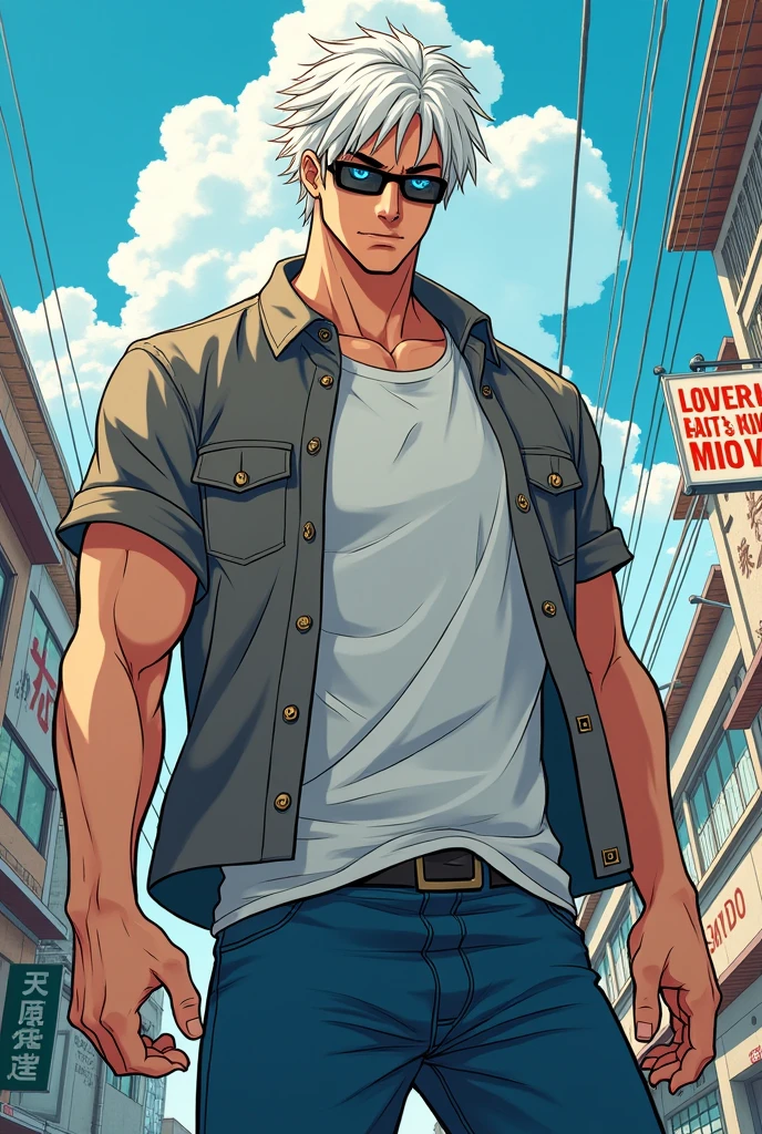 Manhwa art ,Satoru is a very tall, lean, and muscular man in his late twenties who is considered relatively attractive, mainly due to his facial features. He has snow-white hair and the Six Eyes, which are a vibrant blue color. which props up his hair and gives it a spikier appearance. Satoru wears sunglasses and lets his hair down to the base of his neck when sporting a casual look. He wears something to make him looks more slim