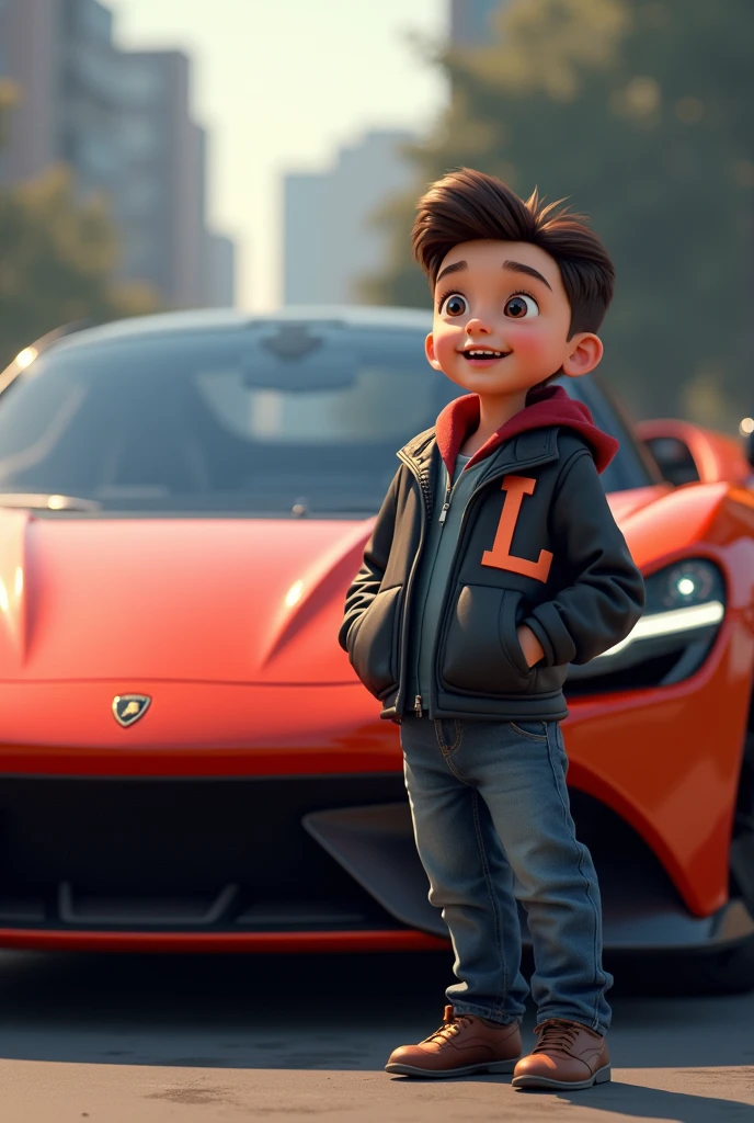 A boy with his initial L on his jacket and a Lamborghini Aldo of his
