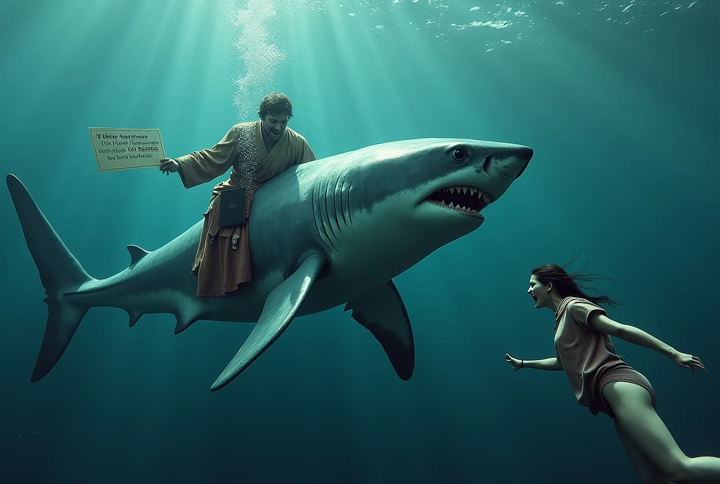 A great white shark furry (anthropomorphic animal, in some Mormon themed clothing) rushes up of a woman swimming and offers her religious pamphlets, while it holds a bible tucked in one fin and asks her in big clear letters 'Do you know Jesus' across the bottom of the screen, the shark is a Jehovah's witness surreal under water scene, panicked woman in swimsuit
