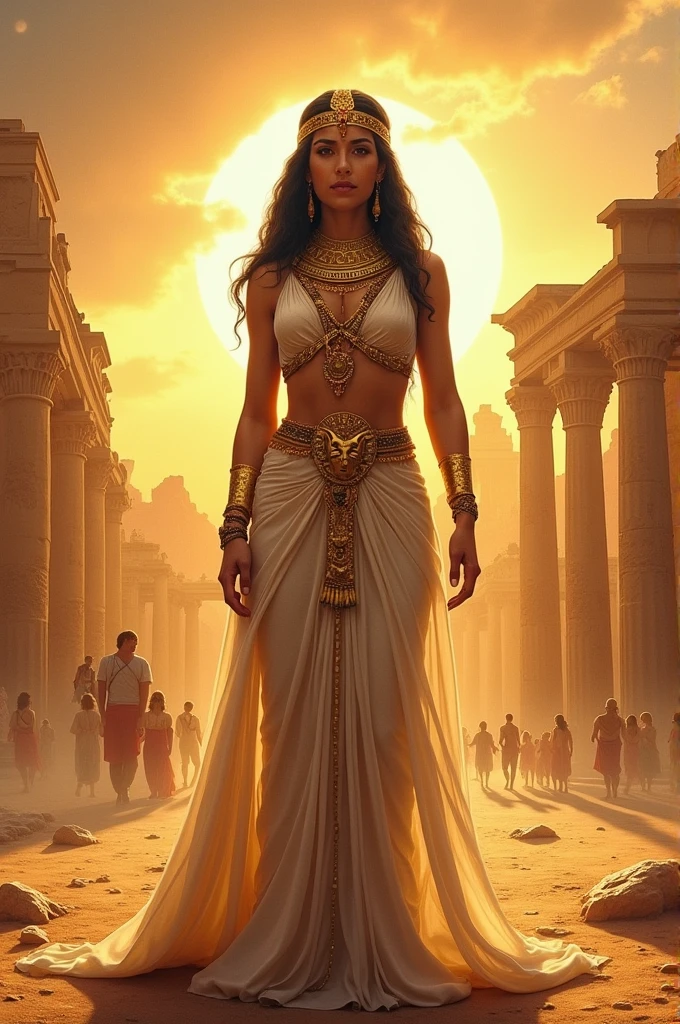 Make an illustration for a canvas 2 meters high by 8 meters wide that contains the following characteristics:
- Phrase: "Gold of the desert"
- Egyptian civilization, Greek and Roman - Specific measures: 2 meters high and 8 meters wide - With the figure of Cleopatra in the middle