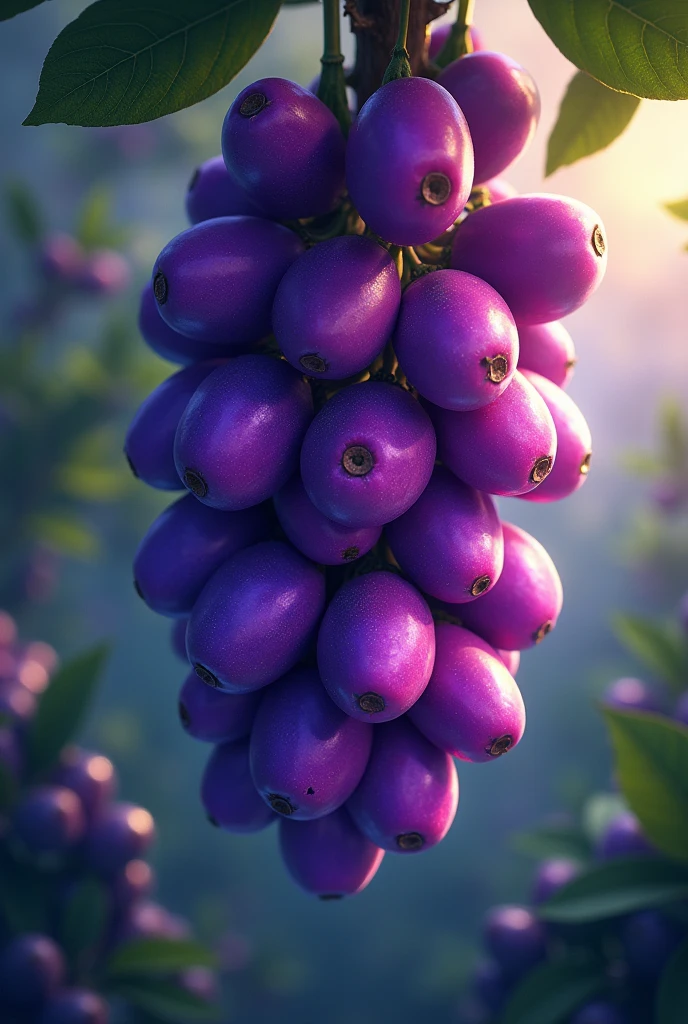 The Bright Açaí Berry •illustration A close-up of a tall tree with small, bright purple berries hanging from the tree trunk. The image must convey the beauty and uniqueness of açaí.