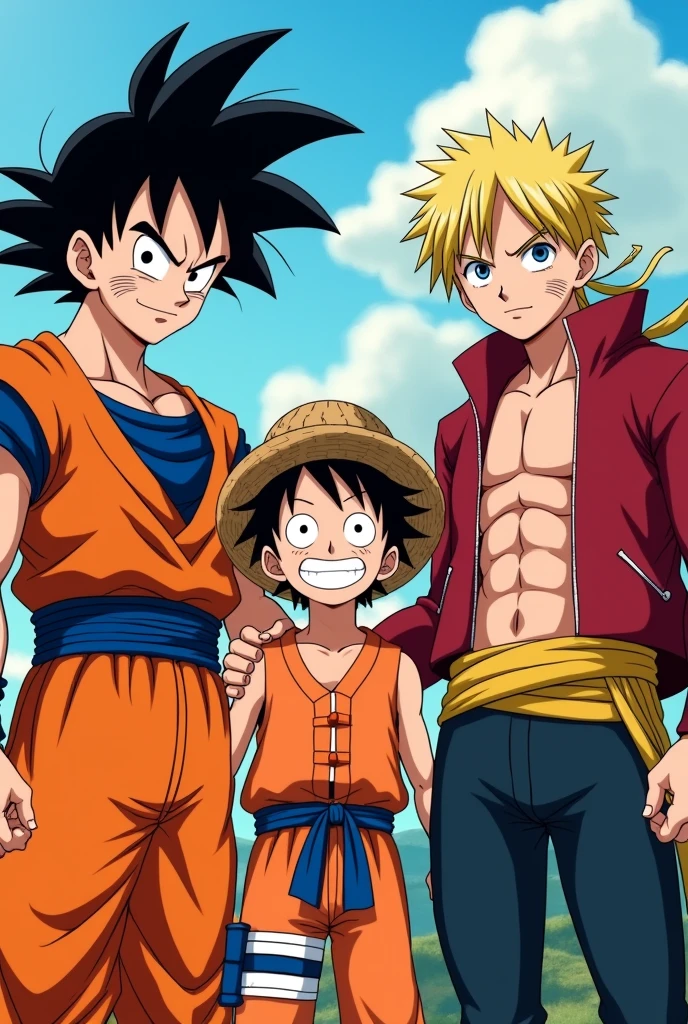 Goku, Naruto, Luffy and Saitama, next to each other as if they were friends