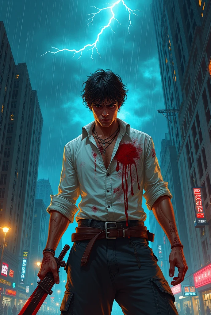 creates a young man who has a blood sword comic book style image with his whole body bruised with a spot of blood on his white shirt the background of the picture is Stormy Night in a city