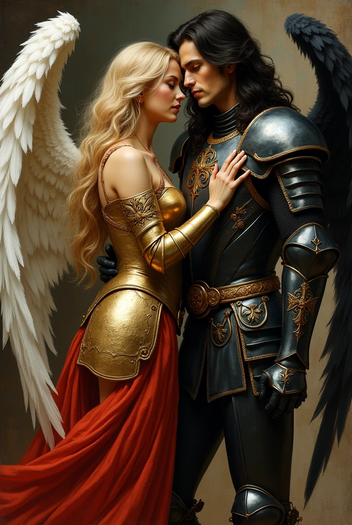 Make a Roberto Ferri style Renaissance painting of an attractive woman with long blonde hair, in golden armor and with white wings, next to an attractive man in black armor and with black wings, wavy black hair, lifelike painting