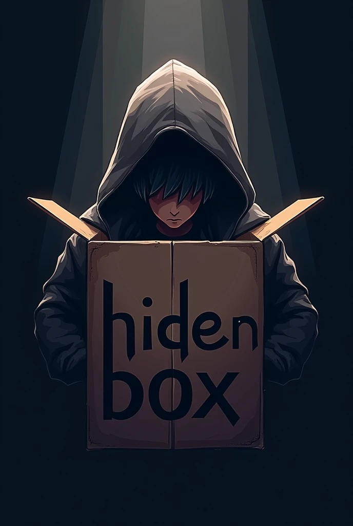 logo, gamers, hide on box, text is “HideOnBox”, black hair, Hood, head knigt,Rays of light, Mixing, Classicism, Photo Mosaic, 