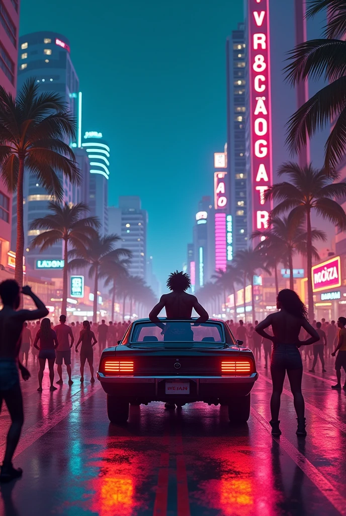 A metropolis on the beach, You should see much more city than beach, but the idea is that this has neon elements, Animal print Jamaican and dancehall descent, that the center can suddenly be the driver of a car, There is a group of people around him who are blocking traffic as they are dancing dancehall., the street has a little sand, Now around it are the buildings of Metropolis set in the city of Bogotá, but also palm trees and beach elements