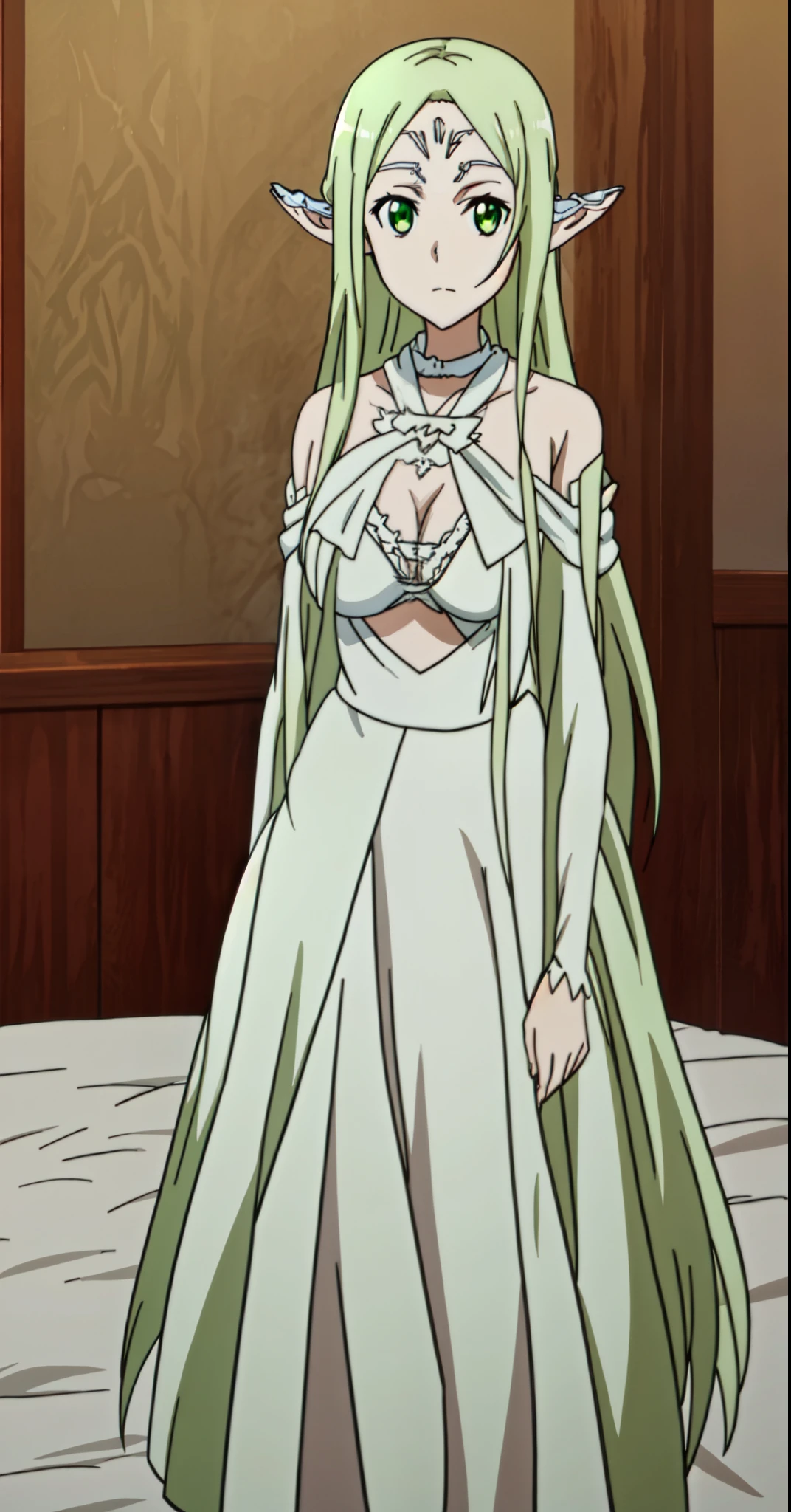 Masterpiece, beat quality, ((anime art style)), elf Girl, light green hair, pointed ears, jade eye, (NPC_freyja), (((big chest))), white clothes with gold details, white wand in hand, skin as white as powdery snow. His disguise had long flowing, deep brown-gold/tea-gold hair and pupils of the same colour. The disguise also had a beautiful face that was sublimed with western European beauty, and she wore a straight dress, full body, (((large breast)))