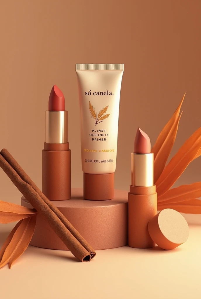 Create a primer packaging, Cinnamon-based blush and lipstick with the brand name Só Canela
