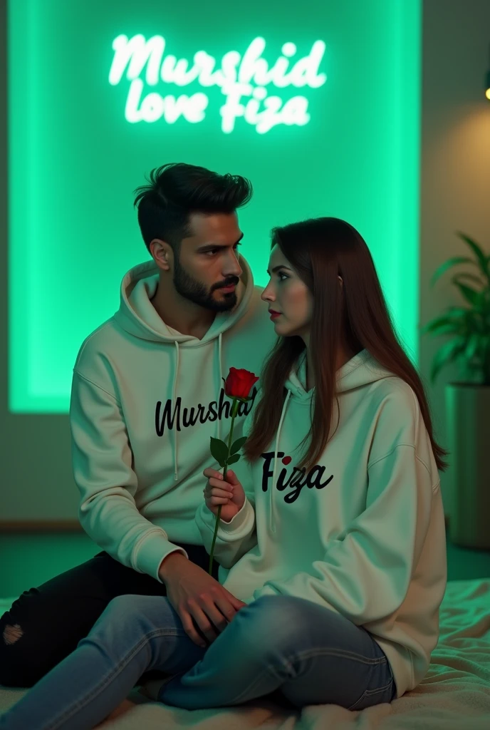 A 4k quality highly detailed Realistic portrait Handsome 28 year guy White Hoodie with 30 year beautiful women in a White Hoodie, the girl has a red rose flower in her hand and is sitting on down floor, with romantic mode, no smile, written "Murshid" in the boy hoodie and "Fiza" in girl's hoodie, and Murshid love Fiza is written on the green light glow wall with neon text text behind.