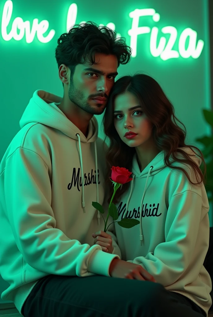 A 4k quality highly detailed Realistic portrait Handsome 28 year guy White Hoodie with 30 year beautiful women in a White Hoodie, the girl has a red rose flower in her hand and is sitting on down floor, with romantic mode, no smile, written "Murshid" in the boy hoodie and "Fiza" in girl's hoodie, and Murshid love Fiza is written on the green light glow wall with neon text text behind.