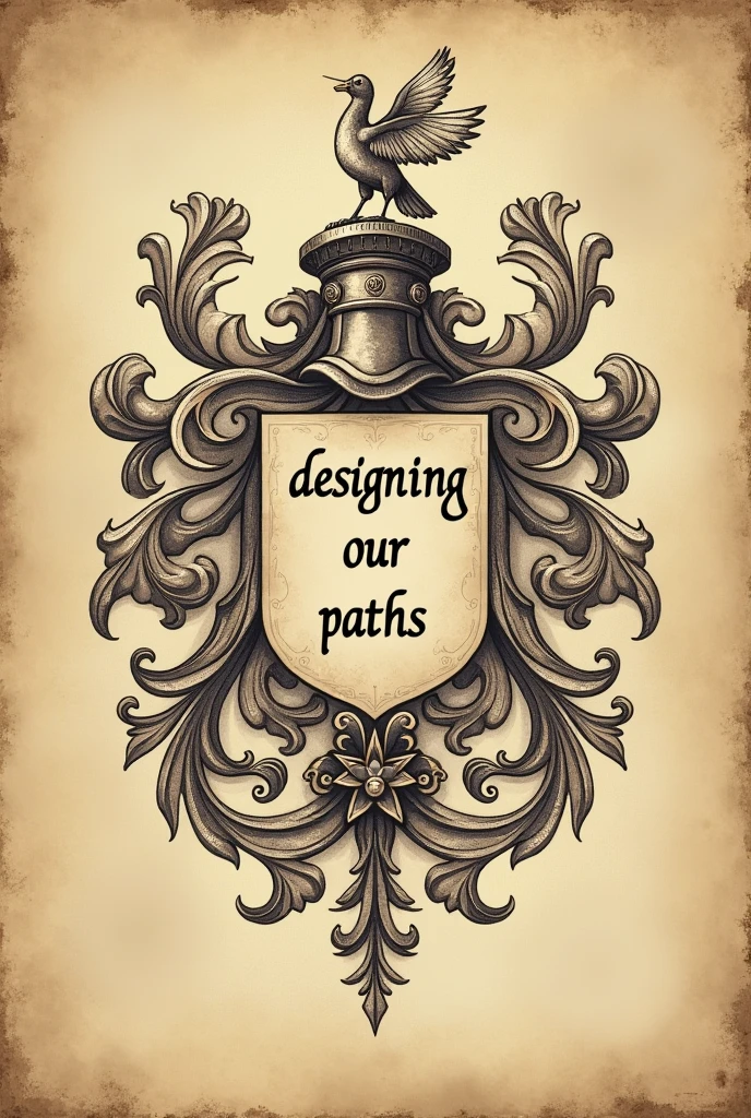 Make a picture of an ancient family crest based on the following sentence, Motto: "Designing our paths" that the shield has elements like a road, the art of designing, Graphic design, create, with antique style, real, but also with a Lasallian touch, be creative and represent that phrase, Let it be simple, 2d