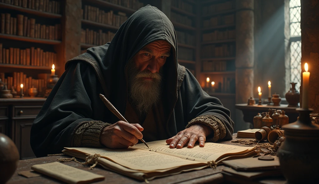 An elderly medieval monk sits in a dimly lit, ancient library, painstakingly writing on a worn parchment. His weathered hands, gnarled with age, move slowly but deliberately, guided by years of experience. He is cloaked in a tattered, dark robe, with a hood that casts deep shadows over his wrinkled face, barely revealing his intense, focused eyes. The room is filled with towering bookshelves, laden with dusty tomes and ancient scrolls, their spines cracked and faded. Flickering candlelight casts dancing shadows on the stone walls, creating an atmosphere of mystery and reverence. The air is thick with the scent of old paper and ink, mixed with the faint mustiness of the castle's ancient stones. The monk's writing table is cluttered with quills, inkpots, and partially unrolled scrolls, hinting at the vast knowledge he is trying to preserve. The scene is cinematic and dark, evoking a sense of quiet dedication and the weight of centuries of wisdom., Surrealism, Hyperrealism, UHD, retina, masterpiece, accurate, anatomically correct, textured skin, super detail, 16k