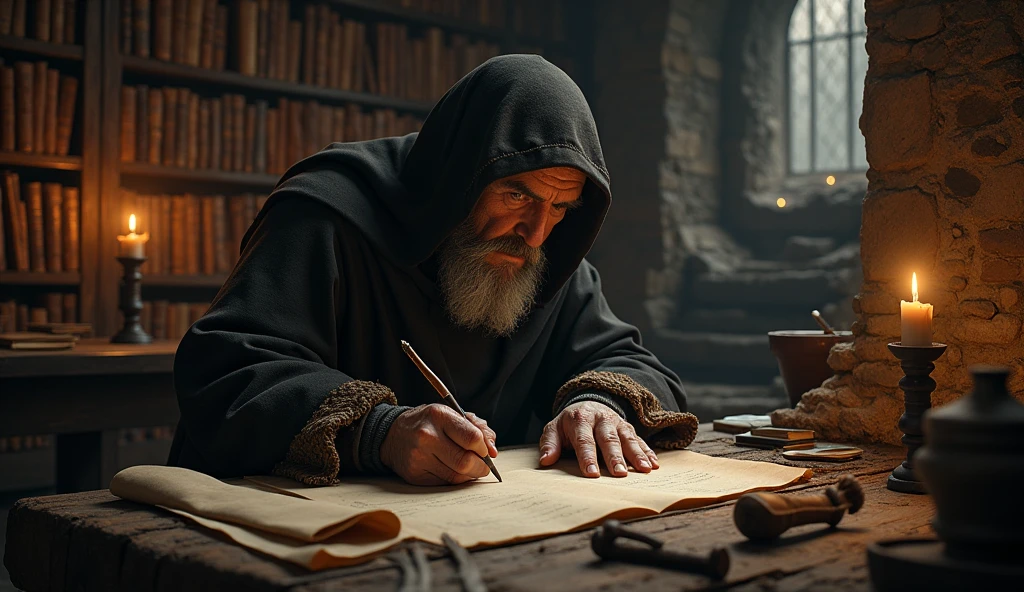 An elderly medieval monk sits in a dimly lit, ancient library, painstakingly writing on a worn parchment. His weathered hands, gnarled with age, move slowly but deliberately, guided by years of experience. He is cloaked in a tattered, dark robe, with a hood that casts deep shadows over his wrinkled face, barely revealing his intense, focused eyes. The room is filled with towering bookshelves, laden with dusty tomes and ancient scrolls, their spines cracked and faded. Flickering candlelight casts dancing shadows on the stone walls, creating an atmosphere of mystery and reverence. The air is thick with the scent of old paper and ink, mixed with the faint mustiness of the castle's ancient stones. The monk's writing table is cluttered with quills, inkpots, and partially unrolled scrolls, hinting at the vast knowledge he is trying to preserve. The scene is cinematic and dark, evoking a sense of quiet dedication and the weight of centuries of wisdom., Surrealism, Hyperrealism, UHD, retina, masterpiece, accurate, anatomically correct, textured skin, super detail, 16k