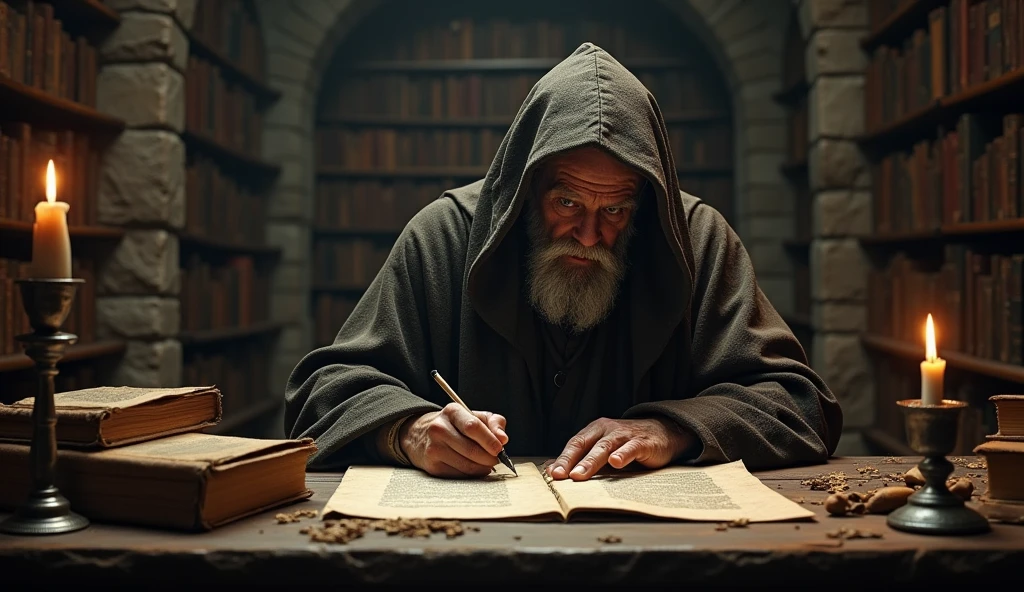 An elderly medieval monk sits in a dimly lit, ancient library, painstakingly writing on a worn parchment. His weathered hands, gnarled with age, move slowly but deliberately, guided by years of experience. He is cloaked in a tattered, dark robe, with a hood that casts deep shadows over his wrinkled face, barely revealing his intense, focused eyes. The room is filled with towering bookshelves, laden with dusty tomes and ancient scrolls, their spines cracked and faded. Flickering candlelight casts dancing shadows on the stone walls, creating an atmosphere of mystery and reverence. The air is thick with the scent of old paper and ink, mixed with the faint mustiness of the castle's ancient stones. The monk's writing table is cluttered with quills, inkpots, and partially unrolled scrolls, hinting at the vast knowledge he is trying to preserve. The scene is cinematic and dark, evoking a sense of quiet dedication and the weight of centuries of wisdom., Surrealism, Hyperrealism, UHD, retina, masterpiece, accurate, anatomically correct, textured skin, super detail, 16k