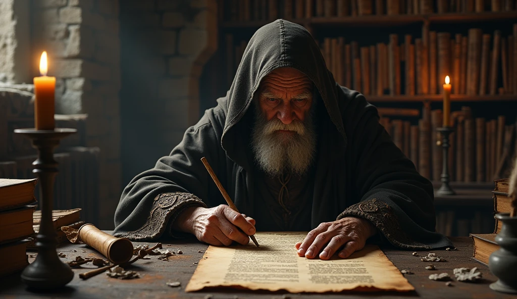 An elderly medieval monk sits in a dimly lit, ancient library, painstakingly writing on a worn parchment. His weathered hands, gnarled with age, move slowly but deliberately, guided by years of experience. He is cloaked in a tattered, dark robe, with a hood that casts deep shadows over his wrinkled face, barely revealing his intense, focused eyes. The room is filled with towering bookshelves, laden with dusty tomes and ancient scrolls, their spines cracked and faded. Flickering candlelight casts dancing shadows on the stone walls, creating an atmosphere of mystery and reverence. The air is thick with the scent of old paper and ink, mixed with the faint mustiness of the castle's ancient stones. The monk's writing table is cluttered with quills, inkpots, and partially unrolled scrolls, hinting at the vast knowledge he is trying to preserve. The scene is cinematic and dark, evoking a sense of quiet dedication and the weight of centuries of wisdom., Surrealism, Hyperrealism, UHD, retina, masterpiece, accurate, anatomically correct, textured skin, super detail, 16k