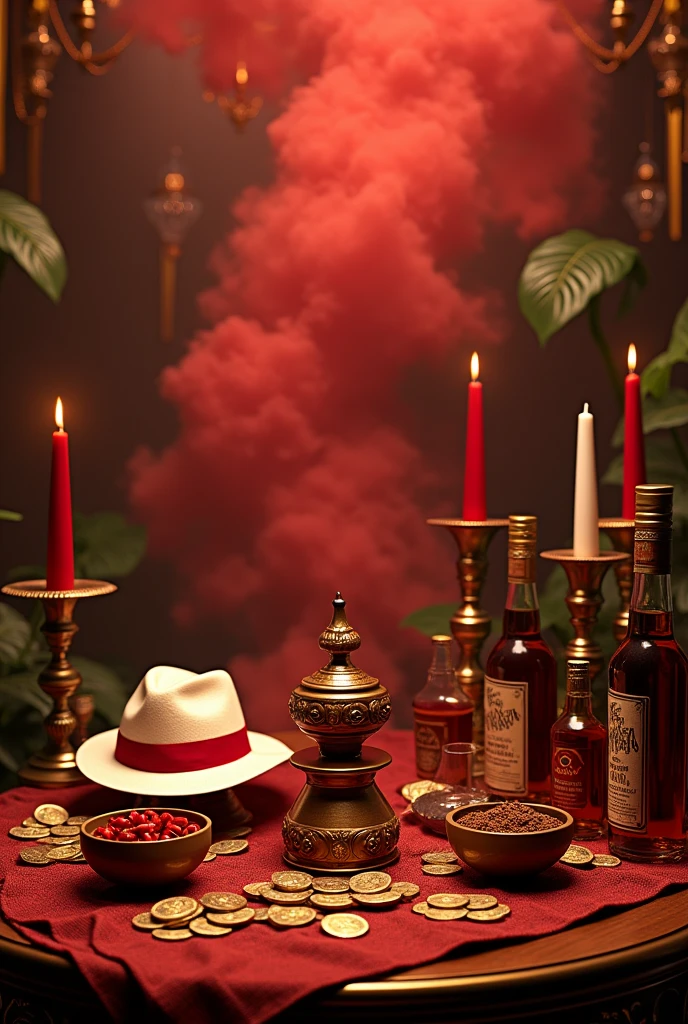 Luxury cabaret, with lots of details, full of gold and in the middle several macumba works, umbanda, clay bowl, clay bowls with farofa, chili pepper, red roses , dados, gold-coins, white and red candles lit and melted, bottles of whiskey and bottles of beer, red smoke at the bottom of the image, a white Panama hat with a red band, without any person