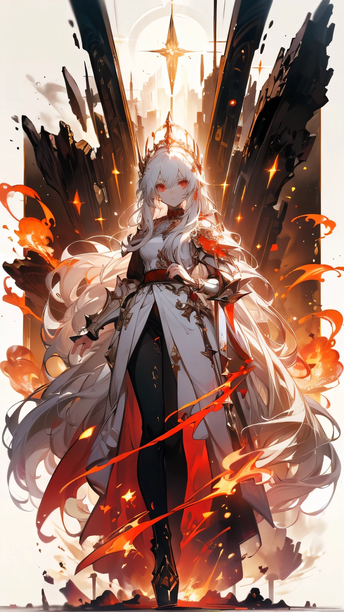 ((masterpiece, best quality)), Epic battlefield atmosphere,flame,Delicate face,Depicts a beautiful knight with long hair, Flowing white hair,whole body,Standing picture,Glittering red eyes,She was wearing white armor,Perfect body proportions
