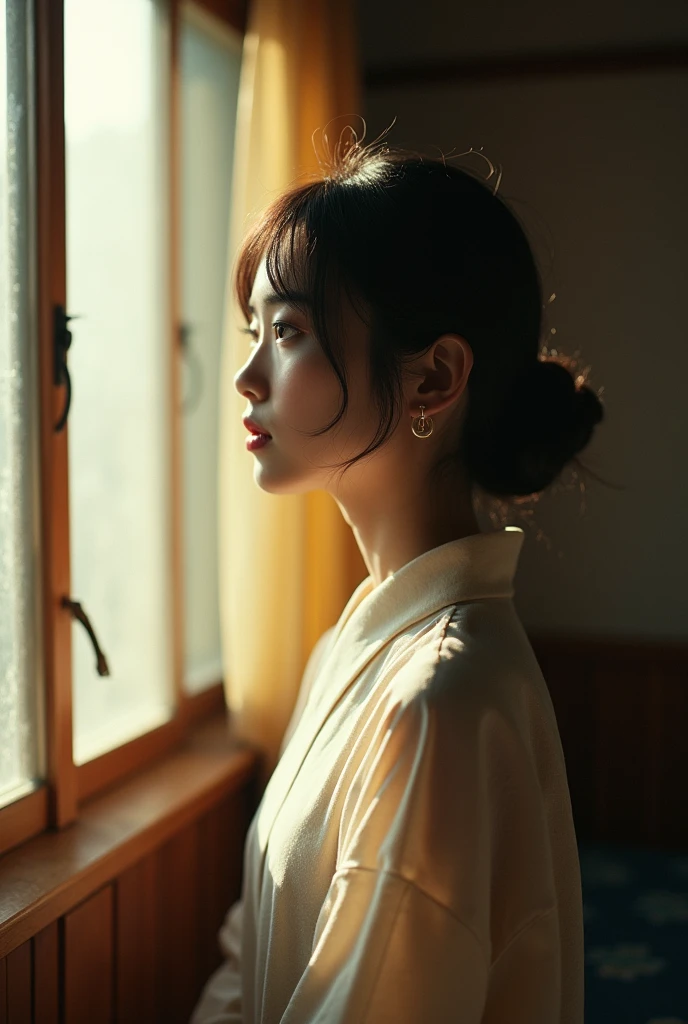 Japanese girl、analog film photo, (Create a realistic and photorealistic photo image)、whole body、Side of the window where the light comes in、blur, tint, depth