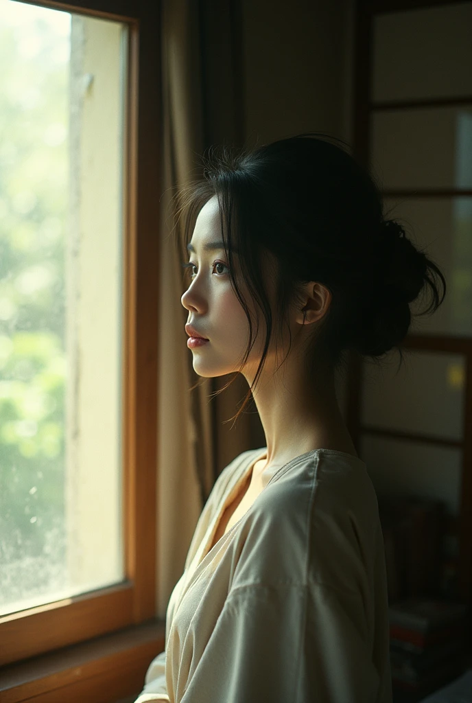 Japanese girl、analog film photo, (Create a realistic and photorealistic photo image)、whole body、Side of the window where the light comes in、blur, tint, depth