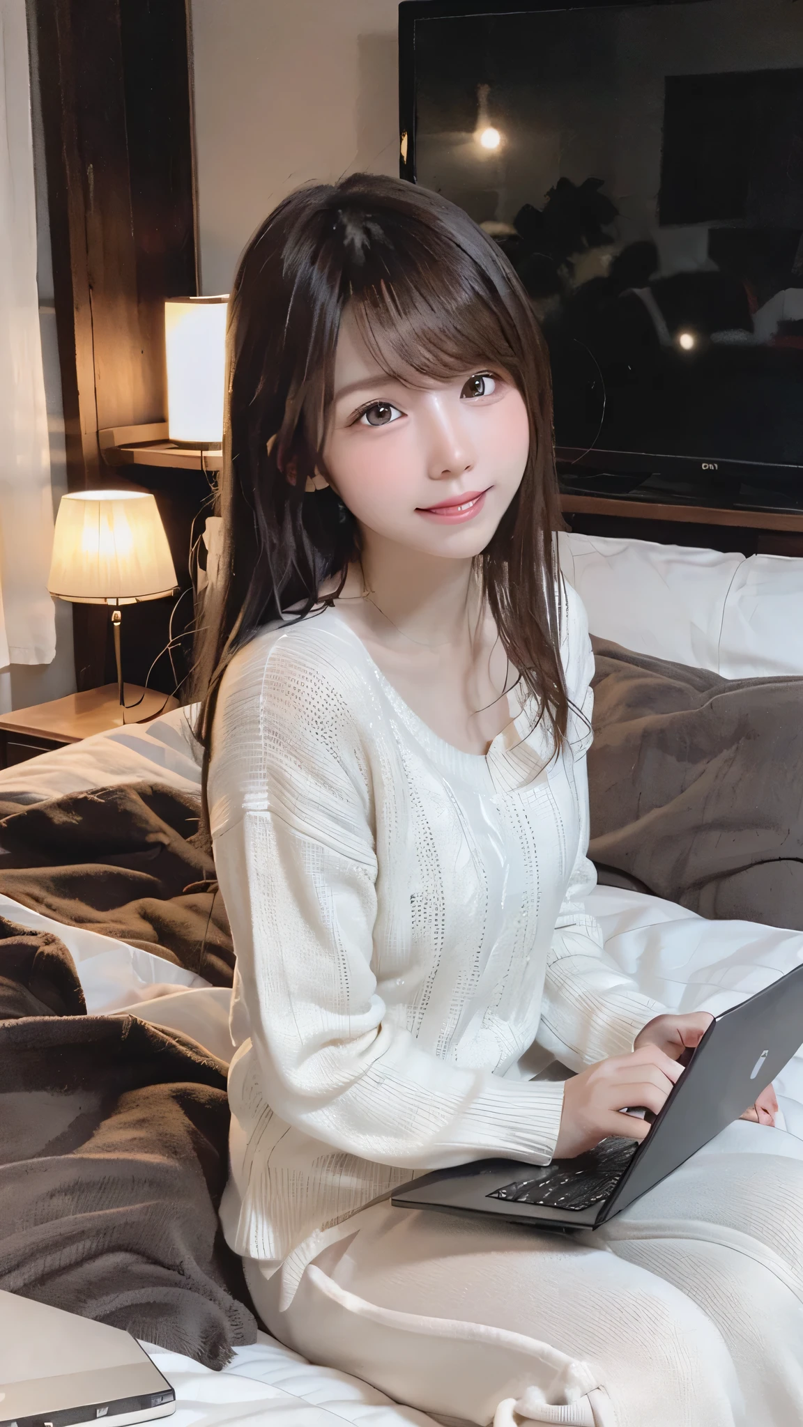 masterpiece, highest quality, High resolution, Cozy bedroom, evening, warm soft lighting, minimalistic decor, light pastel colors, comfortable bed, open laptop on bed, phone and notebook nearby, Young woman, early 20s, sitting on the bed, casual outfit, light sweater, comfortable pants, barefoot, long hair down, relaxed expression, slight smile, browsing on the laptop, enjoying a quiet evening, Mid-shot, focus on her sitting on the bed, with the laptop in front of her, warm lighting creating a cozy atmosphere, capturing the calm and peaceful mood of the evening