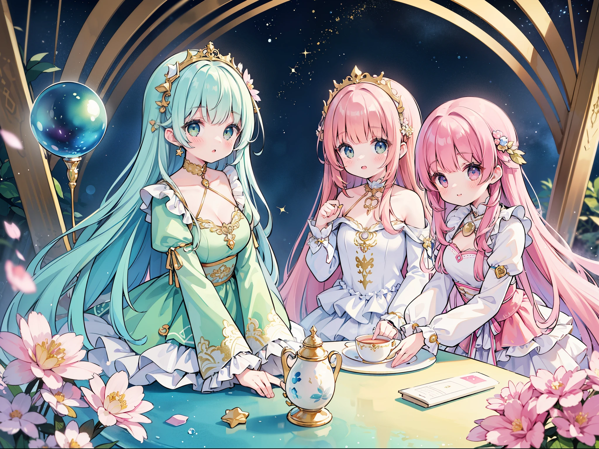 masterpiece, best quality, 8k resolution, sharp focus, intricate detail, beautiful 3girls, sparkling eyes, golden ratio face, otherworldly liquid, watercolor, pastel colors, bright colors, whimsical, colorful, sharp focus, high resolution, fine detail, ((layered tiered puffy long sleeves ballgown)), ((round eyes)), iridescent bubbles, fantasia background