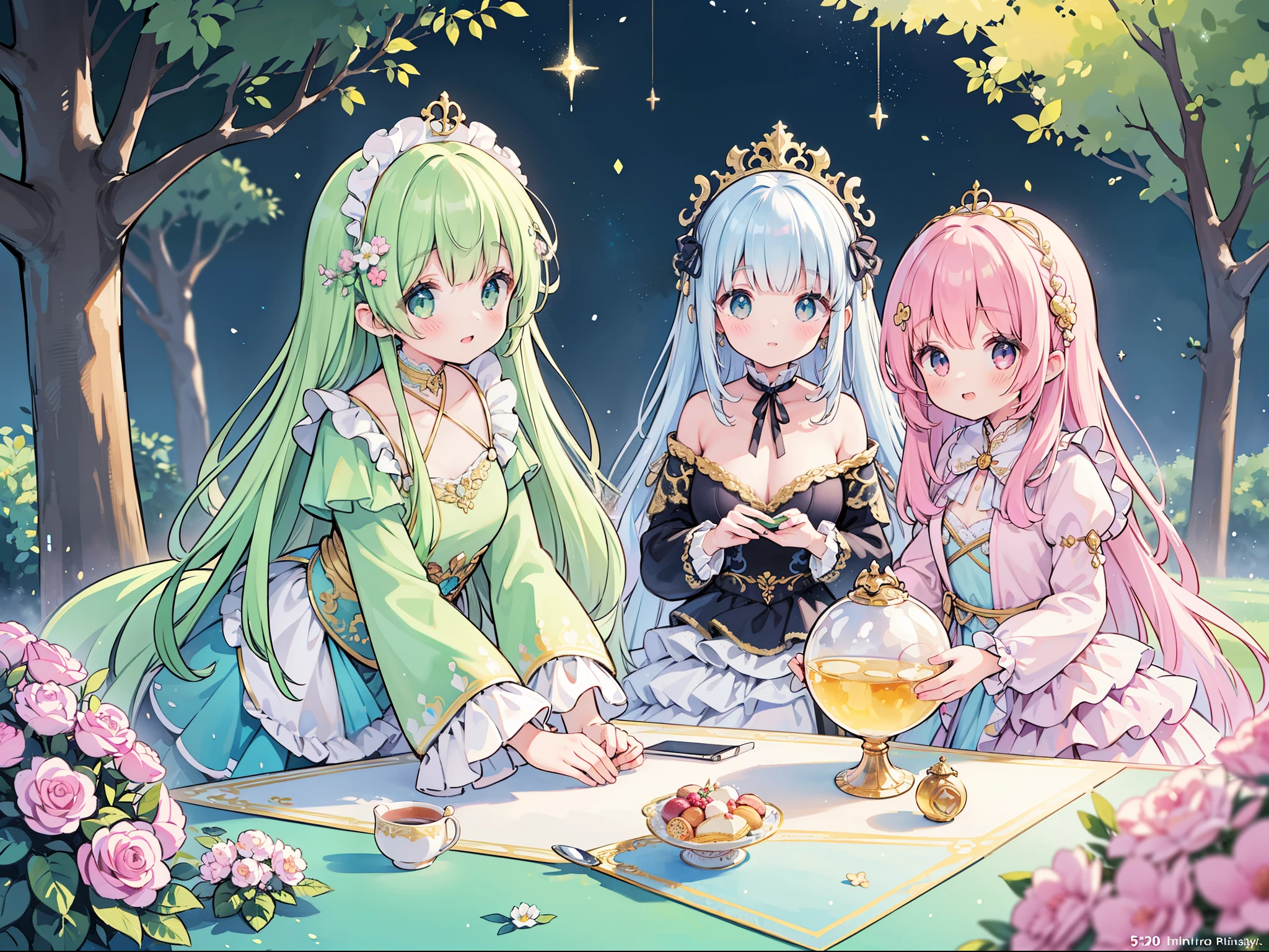 masterpiece, best quality, 8k resolution, sharp focus, intricate detail, beautiful 3girls, sparkling eyes, golden ratio face, otherworldly liquid, watercolor, pastel colors, bright colors, whimsical, colorful, sharp focus, high resolution, fine detail, ((layered tiered puffy long sleeves ballgown)), ((round eyes)), iridescent bubbles, fantasia background