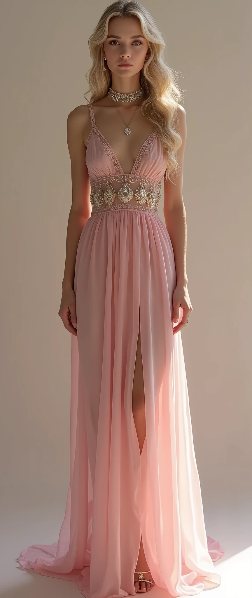 1 girl in, 20 year, royal mackup, standing alone, long hair, Colossal , looking ahead at viewer, hair blonde, hair blonde, topless, brown eyes, jewelry, whole body, a necklace, pink silk dress, realistic, A sexy, small breast, visible breast, breast nipples, royal family, princess,