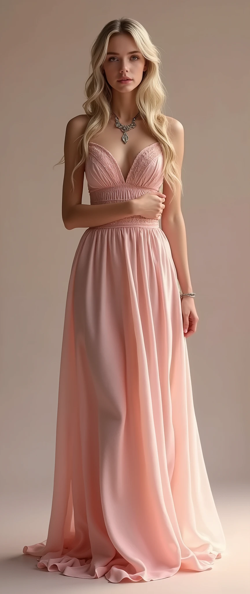 1 girl in, 20 year, royal mackup, standing alone, long hair, Colossal , looking ahead at viewer, hair blonde, hair blonde, topless, brown eyes, jewelry, whole body, a necklace, pink silk dress, realistic, A sexy, small breast, visible breast, breast nipples, royal family, princess,