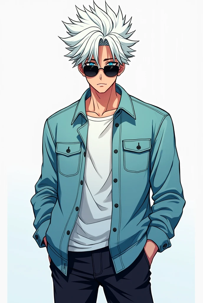 Manhwa art ,Satoru is a very tall, lean, slim man in his late twenties who is considered relatively attractive, mainly due to his facial features. He has snow-white hair and the Six Eyes, which are a vibrant blue color. which props up his hair and gives it a spikier appearance. Satoru wears sunglasses and lets his hair down to the base of his neck when sporting a casual look. He wears something to make him looks more slim