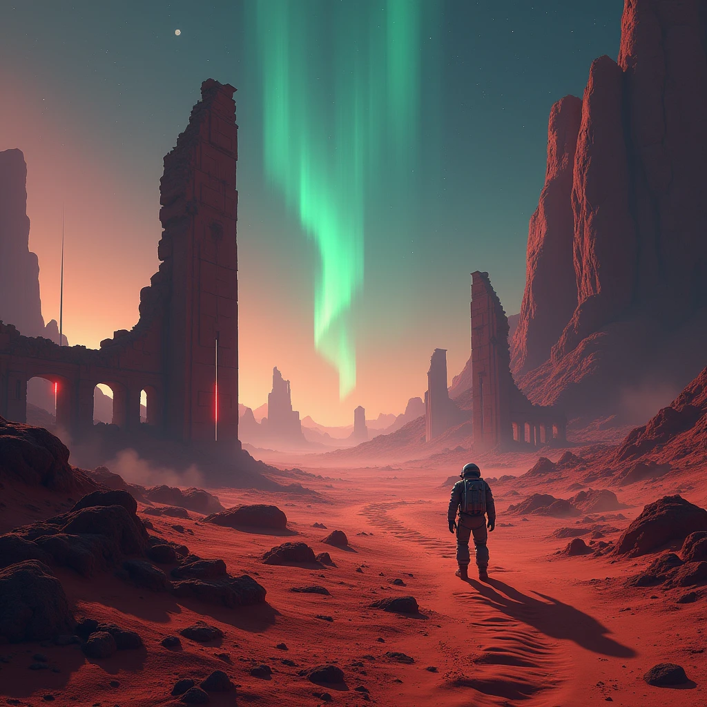 landscape, Northern Lights in the sky, Mysterious ruins of buildings of advanced alien civilization on Mars,Crumbling structure,The environment is desolate,Infinite horizon,Atmospheric perspective,(Astronaut explorer),Weird atmosphere,(Strange symbols),Surreal landscape, Unobstructed panoramic views,dusty red sand,Distant starry sky,(Sci-fi concept art),(Highest quality detailed illustrations,4K,high resolution,masterpiece:1.2),High Dynamic Range,