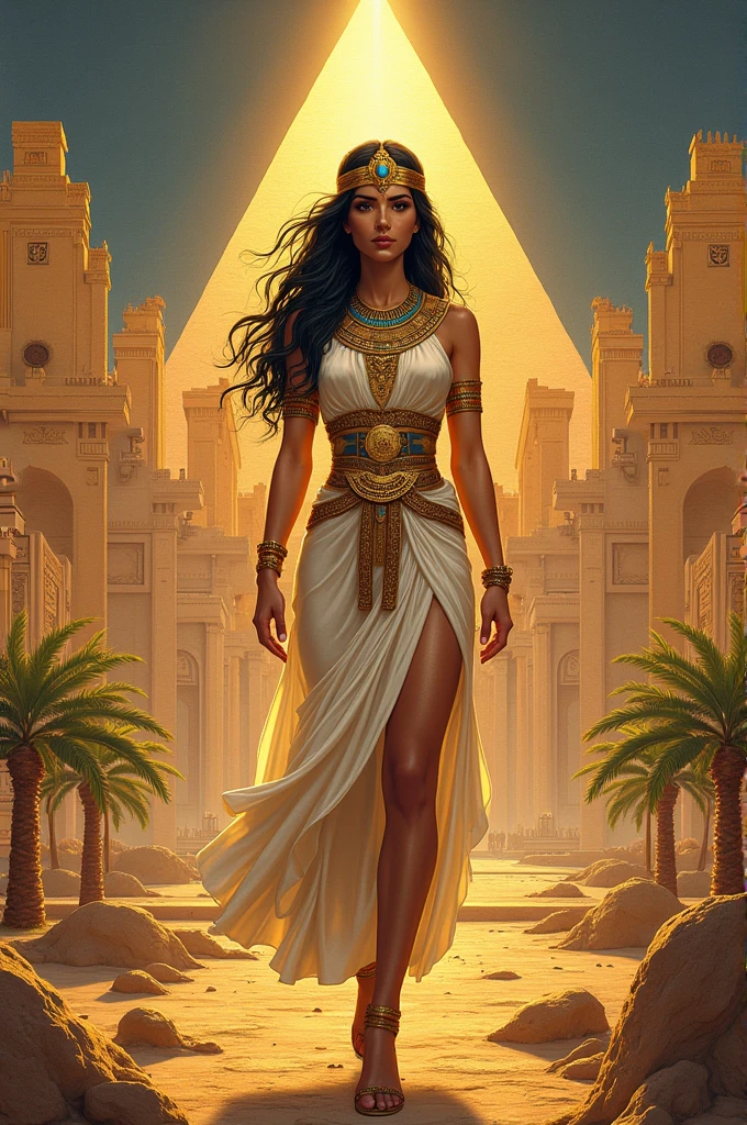 Make an illustration for a canvas 2 meters high by 8 meters wide that contains the following characteristics:
- Phrase: "Gold of the desert"
- Containing the Egyptian civilizations, Greek and Roman - Specific measures: 2 meters high and 8 meters wide - With the figure of Cleopatra in the middle