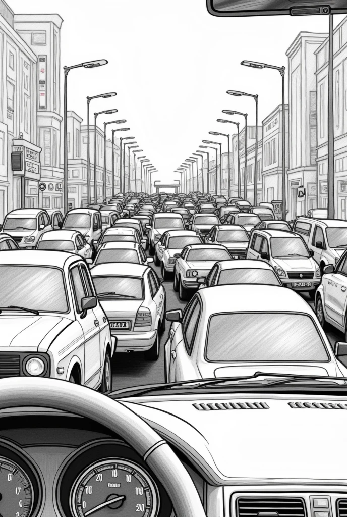 Create a hatch style drawing of a traffic jam seen from inside the car 