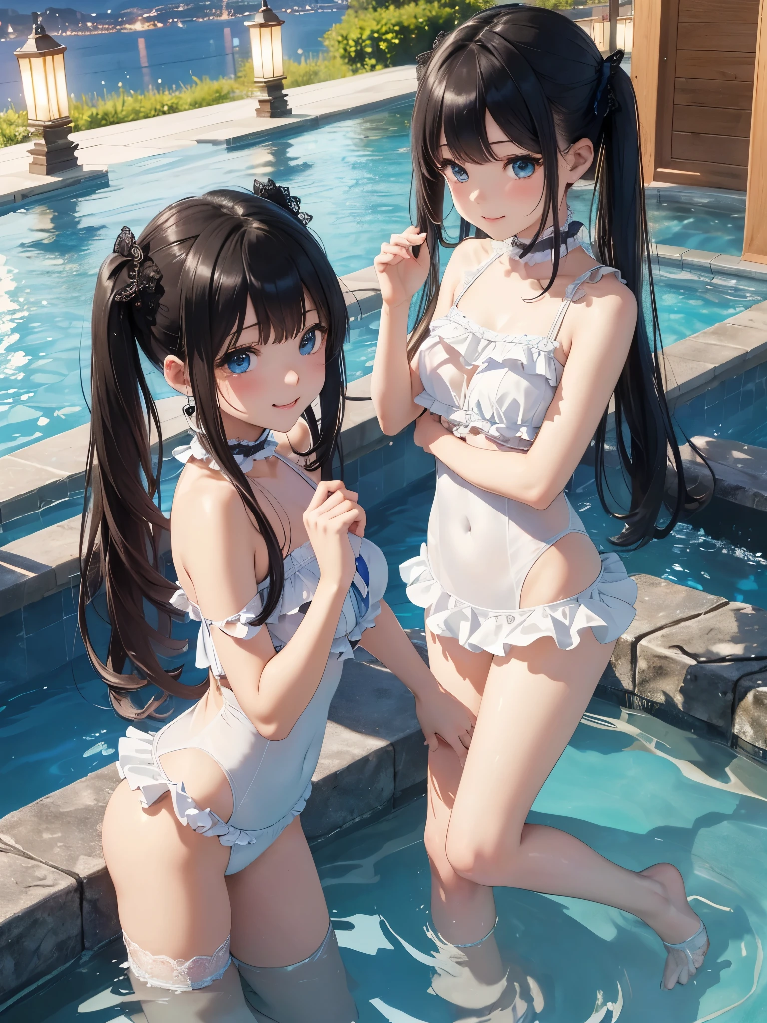 ((masterpiece)), ((highest quality、Ultra high definition)), (Very detailed),(8k、Photo quality)、((Amazingly cute girl)),1 girl)), Two people, , (Beautiful emerald blue eyes), ((smile、Small )),In the open-air bath overlooking the sea, Beautifully arranged black hair in twin tails、Slim Body、((Cute swimsuit with lace and frills))、Professional Lighting、(White lace knee-highore detailed and beautiful)、(More details and cutenesore realistic)、((Just wear light clothing))、Frolic in the pool、((unbelievably cute))、((A cute pose))、((Night v))、(Have a drink to stay hydrated)、