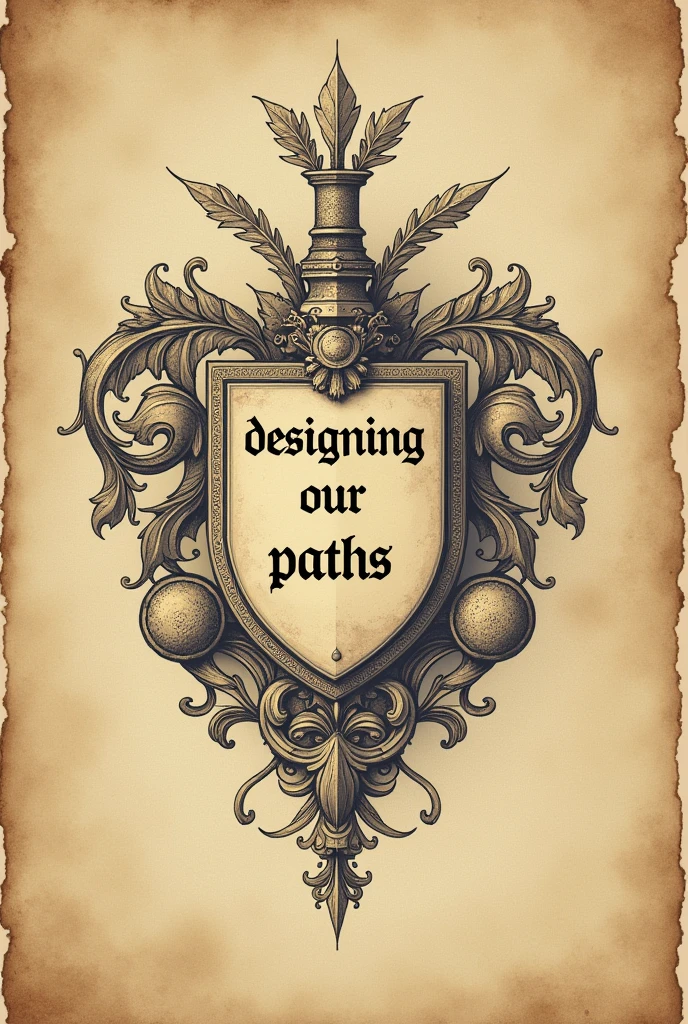 Make a picture of an ancient family crest based on the following sentence, Motto: "Designing our paths" that the shield has elements like a road, the art of designing, Graphic design, create, with antique style, real, but also with a Lasallian touch, be creative and represent that phrase, Let it be simple, 2d